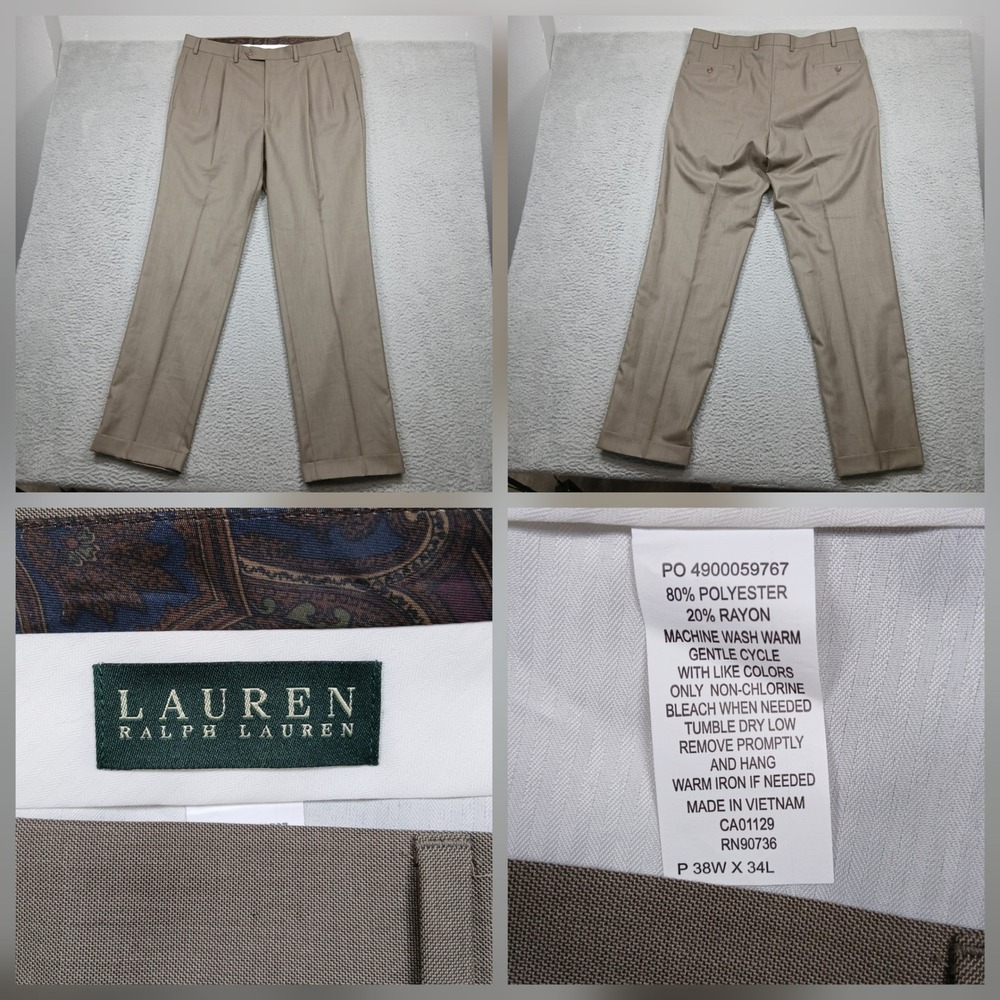 Lauren Ralph Lauren Dress Pants Mens 38x34 Tan Pleated‎ Career